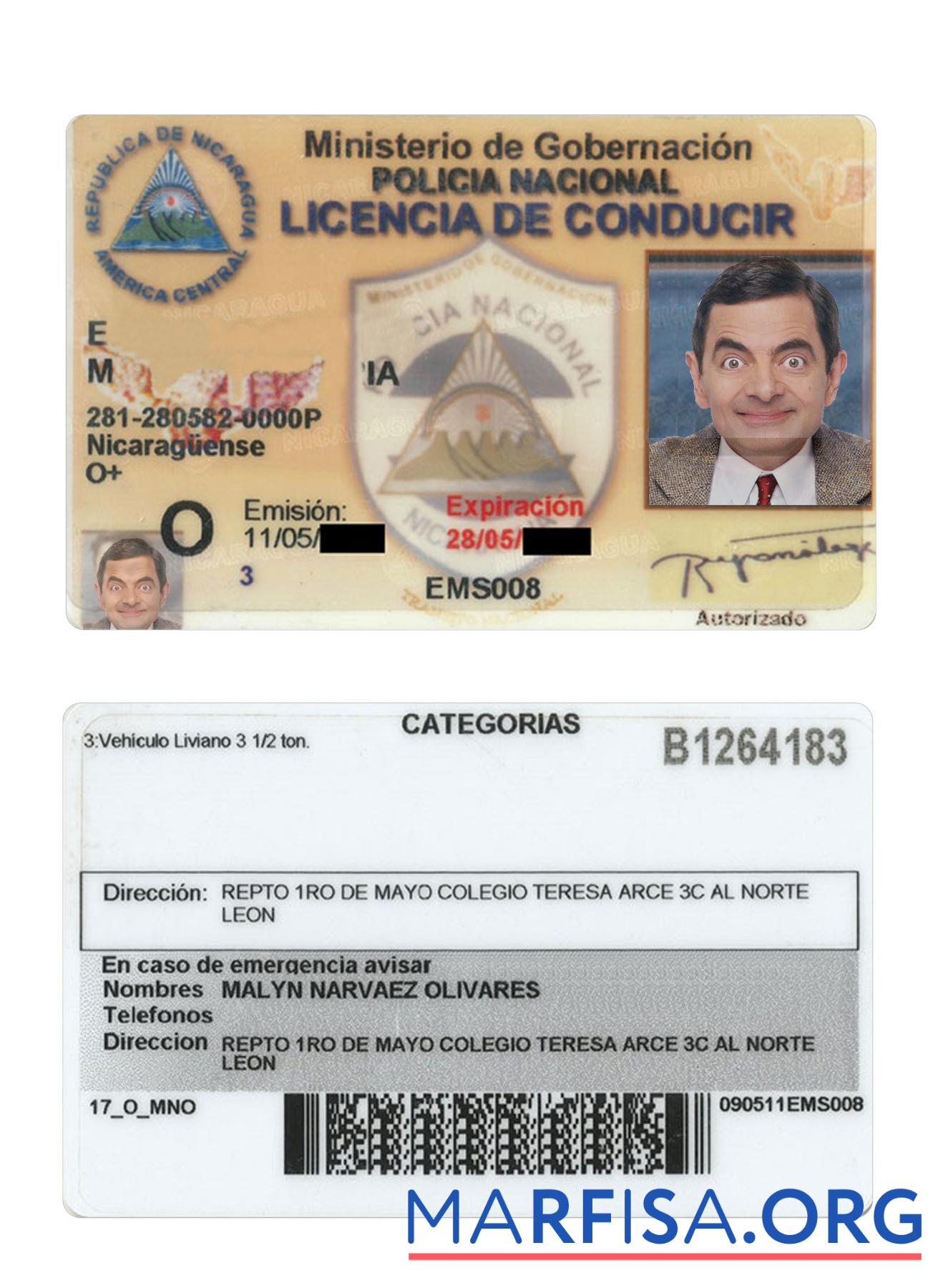 Realistic Nicaragua driving license sample